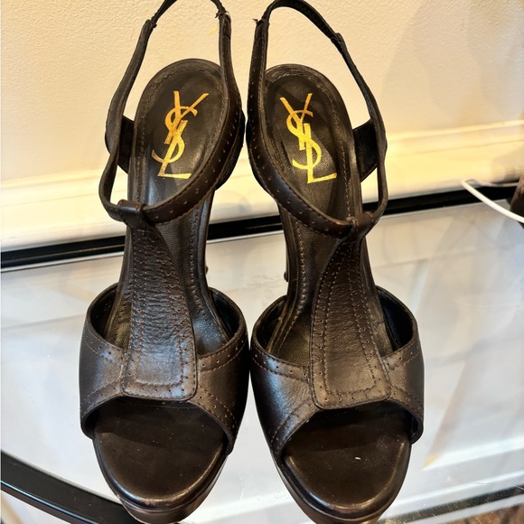 YSL Yves Saint Laurent Platform Stiletto Heels Brown Leather Size 38 Open Toe - Picture 3 of 10